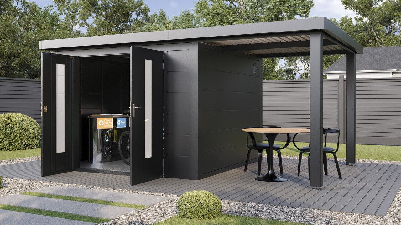 Gerätehaus aus Metall mit Stauraum und überdachter Unterstand