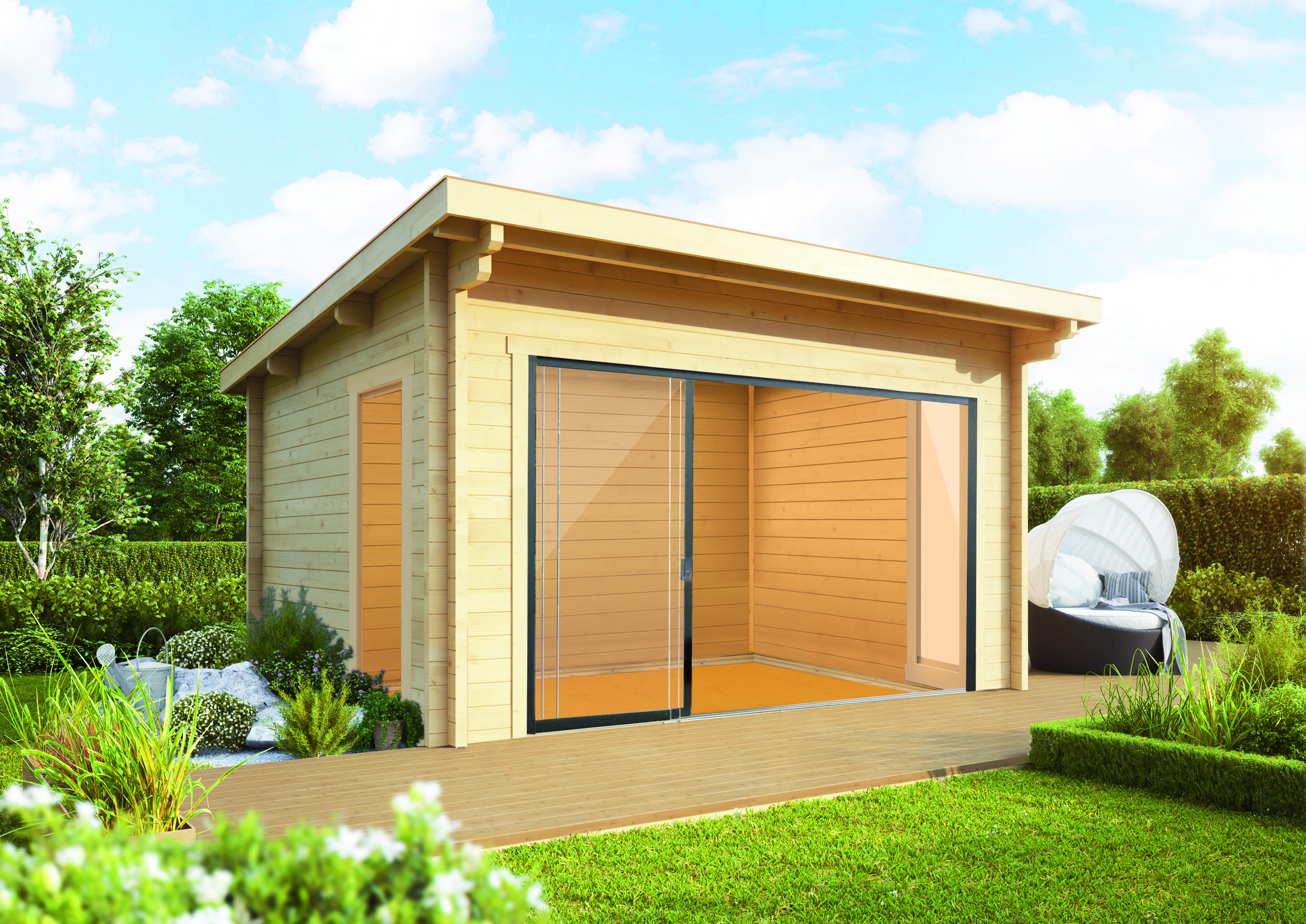 Wolff Finnhaus Gartenhaus Trondheim 70-D isolierverglast XL mit Schiebetür rechts