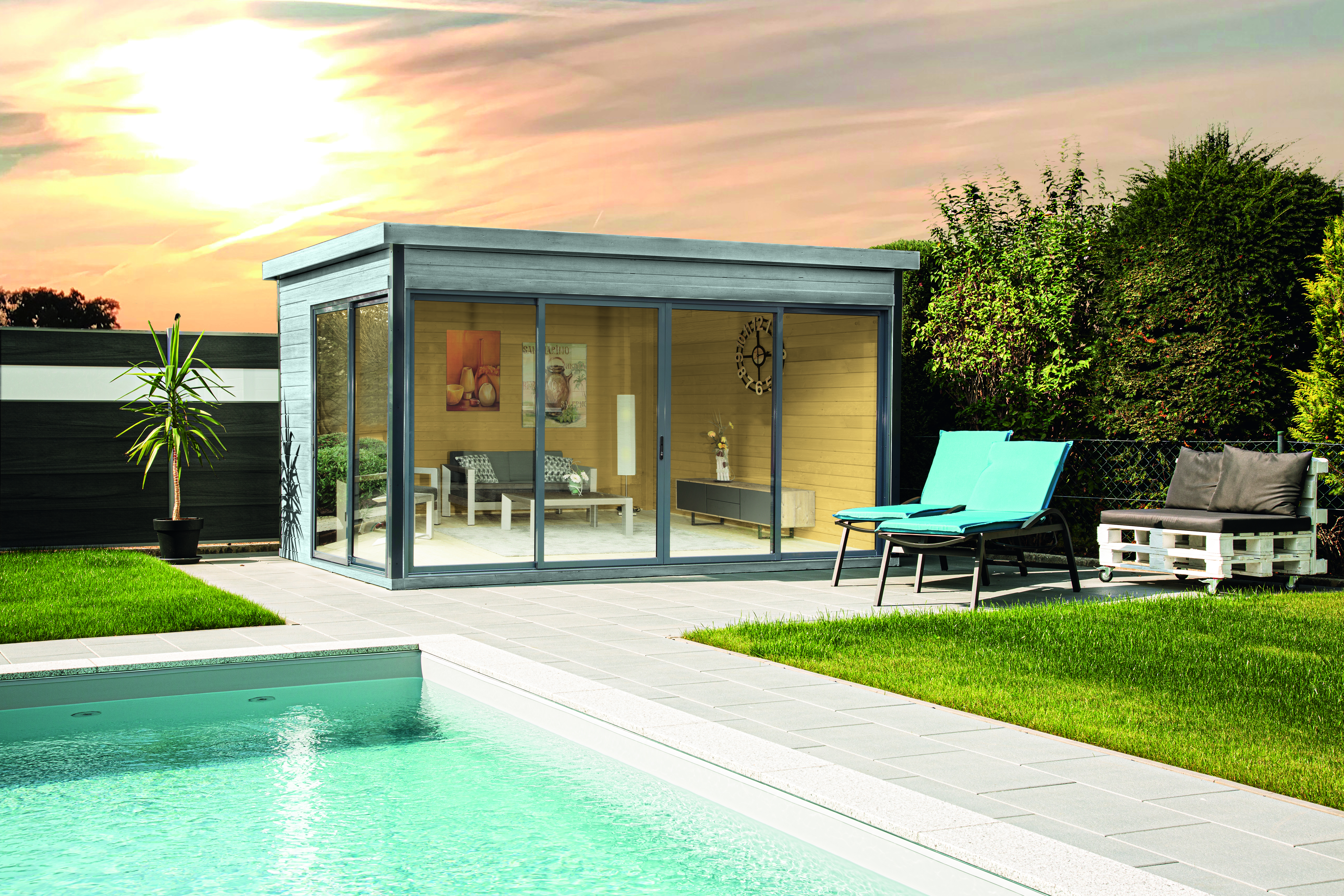 Wolff Finnhaus Gartenhaus Studio 44-D mit Alu-Eckverkleidung/Schiebetür