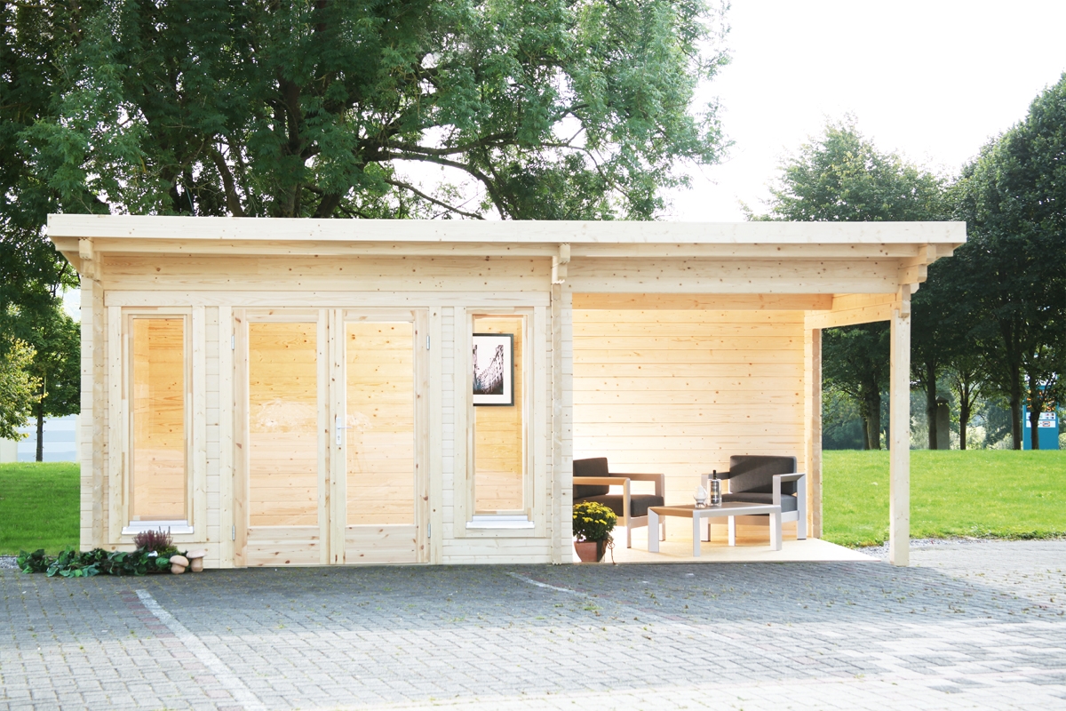 Wolff Finnhaus Gartenhaus Trondheim 70-A isolierverglast XL mit Anbau 300 cm