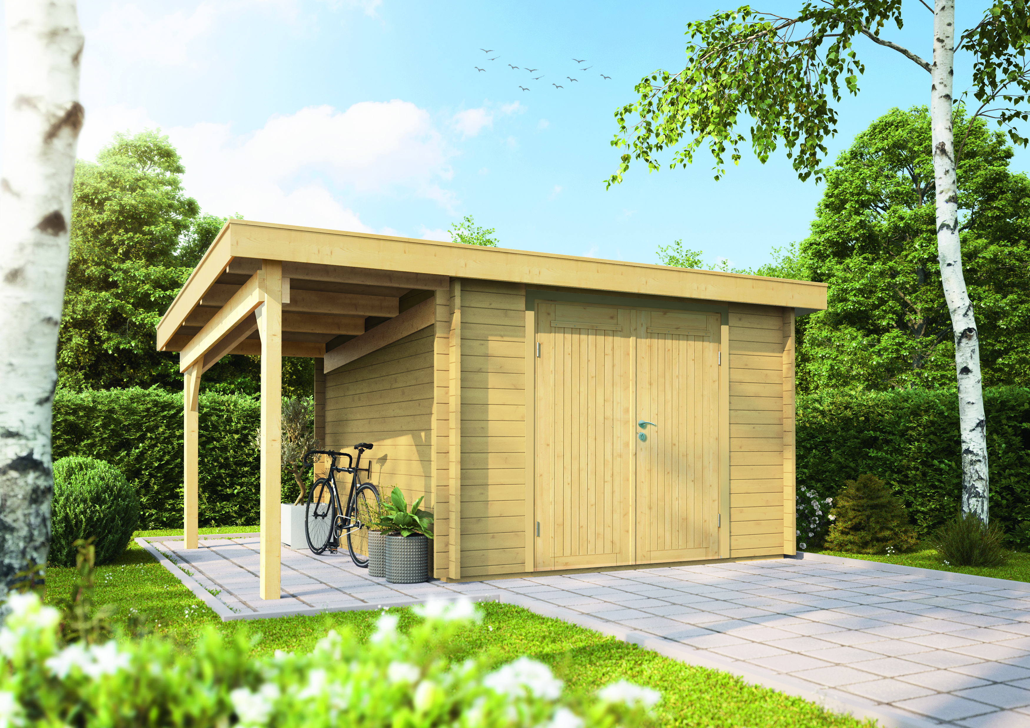 Wolff Finnhaus Gartenhaus Gerätehaus Pulti 34-B  Typ 1 mit 150 cm Seitendach A