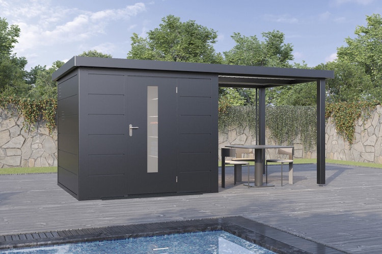 Wolff Finnhaus Premium Metall Gartenhaus Thorin 4824 Anthrazit inkl. 240 cm Anbaudach