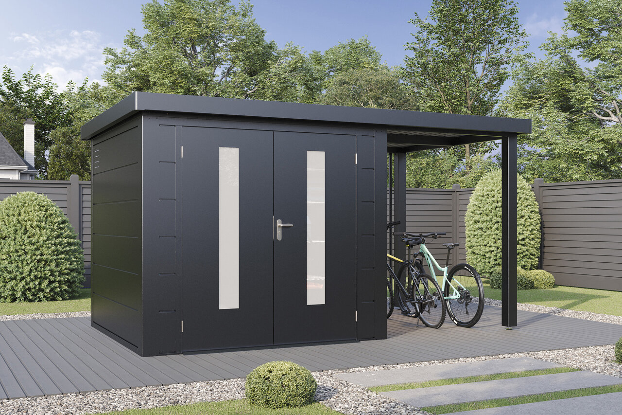 Wolff Finnhaus Premium Metall Gartenhaus Elvar 3924 Anthrazit inkl. 150 cm Anbaudach