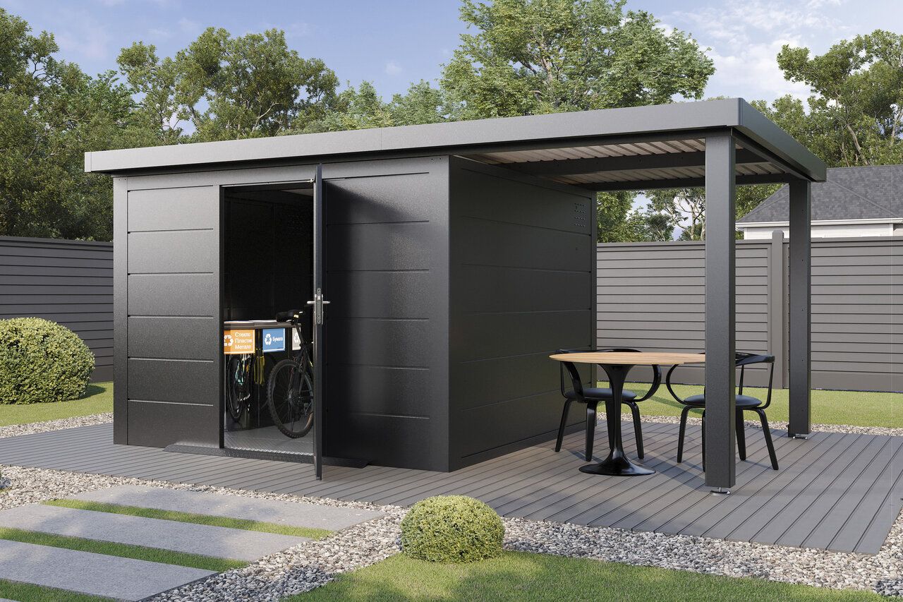 Wolff Finnhaus Premium Metall Gartenhaus Thorin 5324 Anthrazit inkl. 240 cm Anbaudach (Modell 2026)