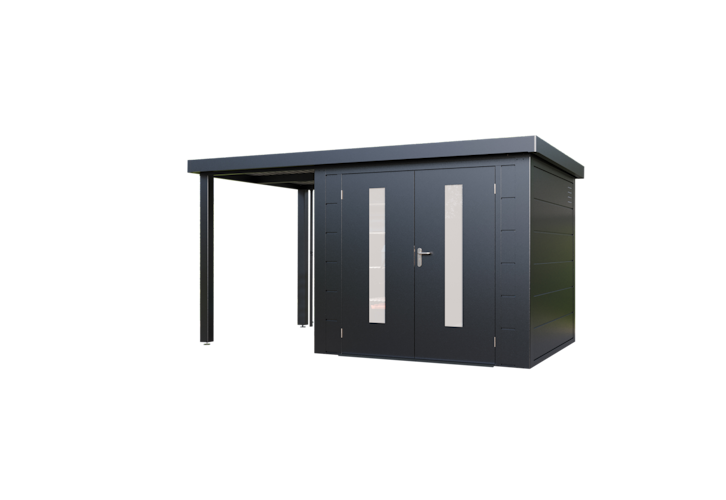 Wolff Finnhaus Premium Metall Gartenhaus Elvar 3924 Anthrazit inkl. 150 cm Anbaudach