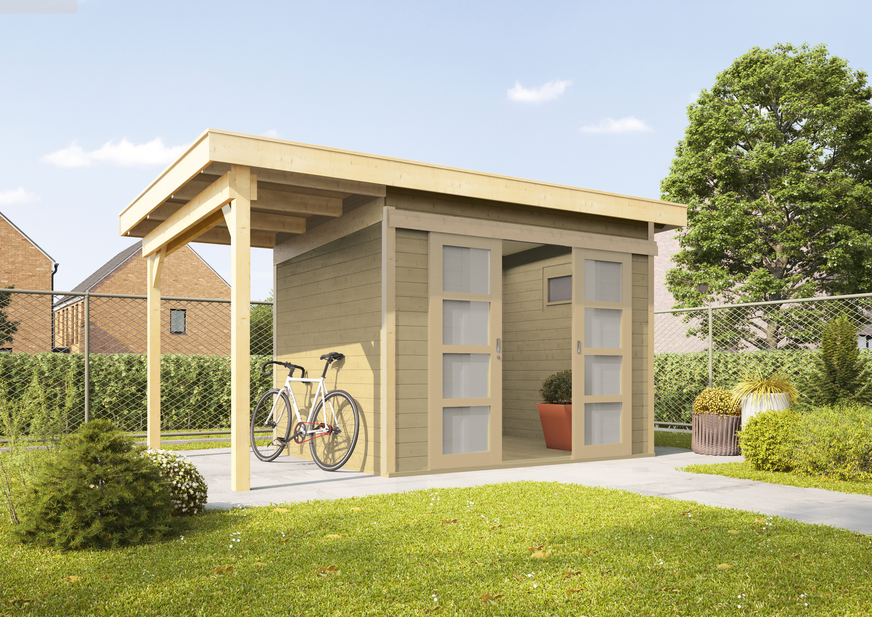 Wolff Finnhaus Gartenhaus Gerätehaus Pulti 28 ST-B mit 150 cm Seitendach A