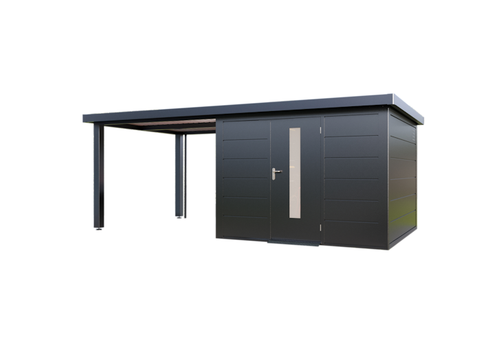 Wolff Finnhaus Premium Metall Gartenhaus Thorin 6030 Anthrazit inkl. 300 cm Anbaudach