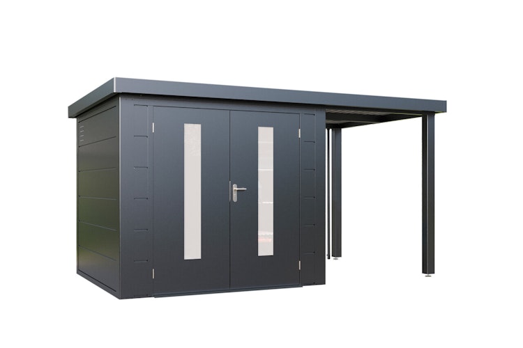 Wolff Finnhaus Premium Metall Gartenhaus Elvar 3924 Anthrazit inkl. 150 cm Anbaudach