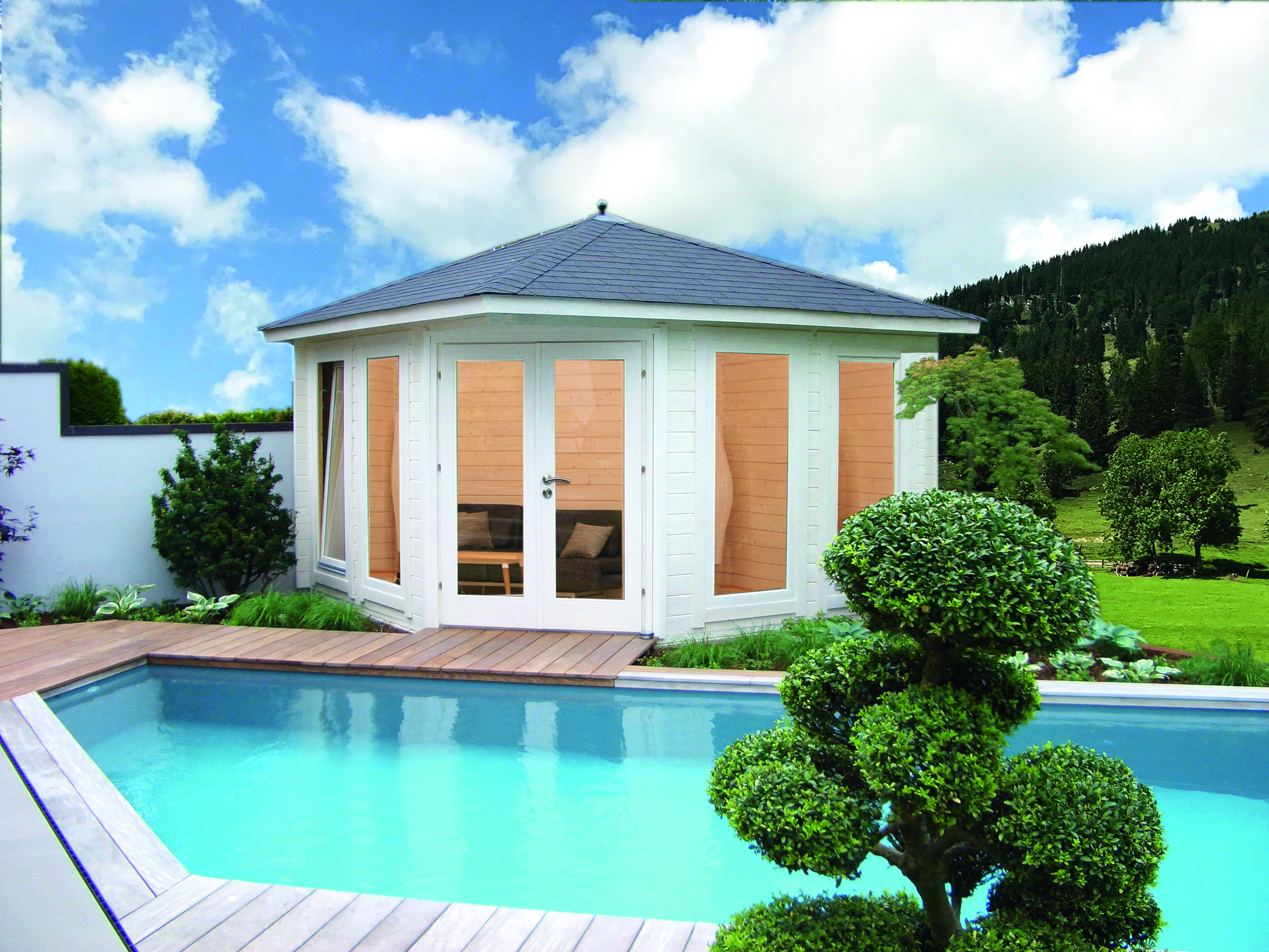 Wolff Finnhaus Gartenhaus 5-Eckhaus Katrin 44-A/B/C