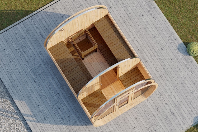 Wolff Finnhaus Saunafass Senta 2333 mit verspiegelter Glasfront