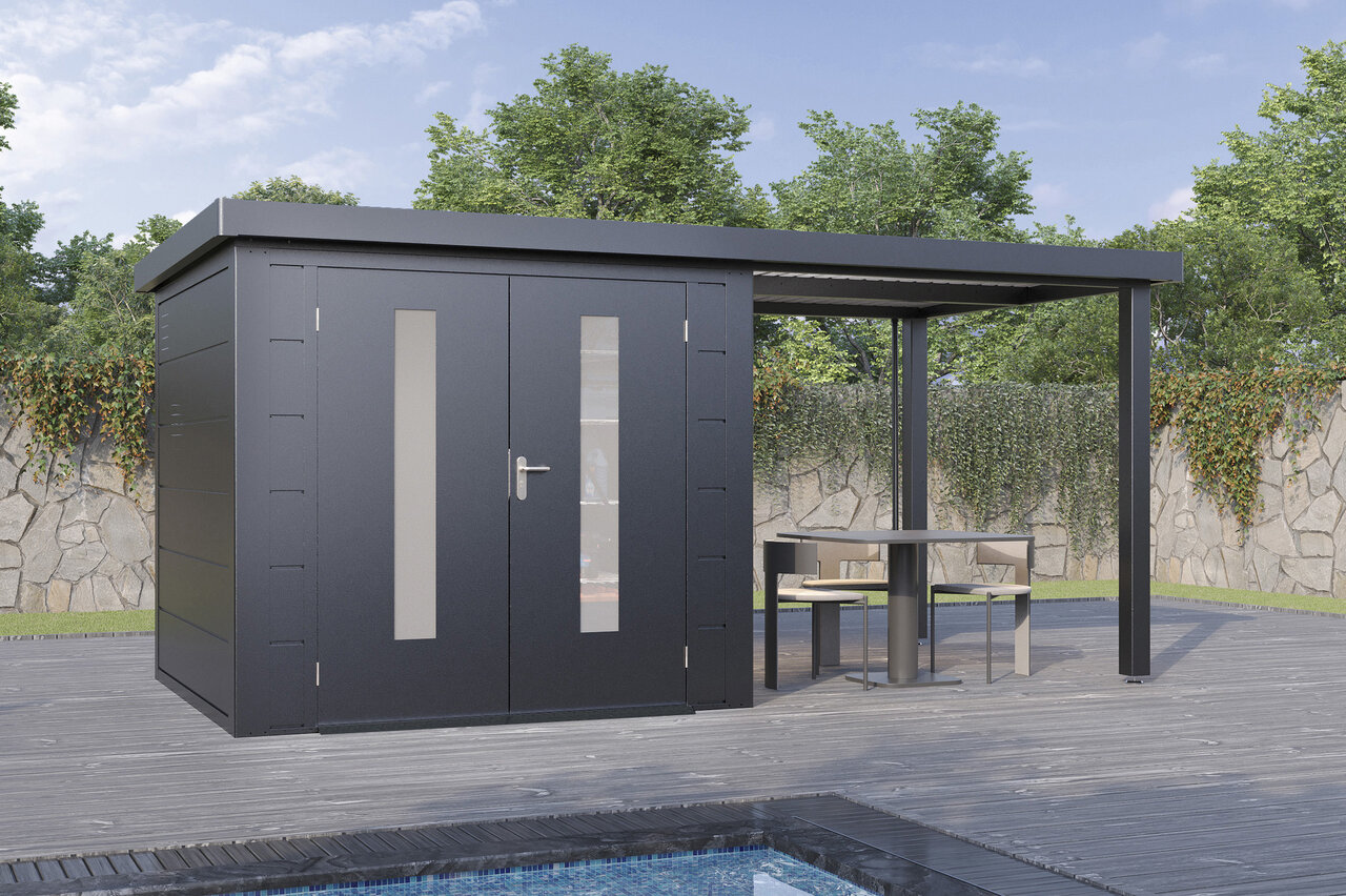 Wolff Finnhaus Premium Metall Gartenhaus Elvar 4824 Anthrazit inkl. 240 cm Anbaudach