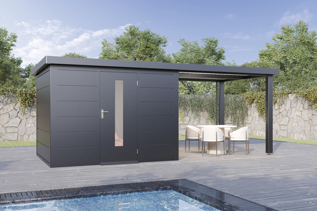 Wolff Finnhaus Premium Metall Gartenhaus Thorin 6024 Anthrazit inkl. 300 cm Anbaudach