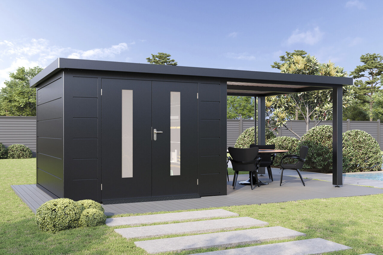 Wolff Finnhaus Premium Metall Gartenhaus Elvar 6030 Anthrazit inkl. 300 cm Anbaudach