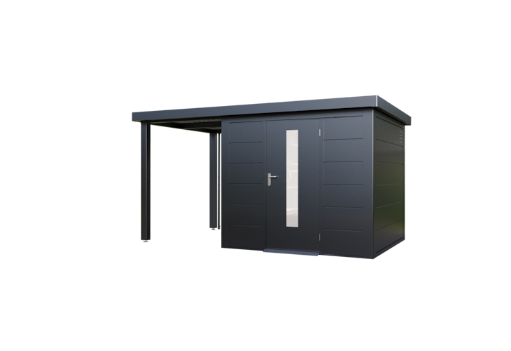 Wolff Finnhaus Premium Metall Gartenhaus Thorin 3924 Anthrazit inkl. 150 cm Anbaudach