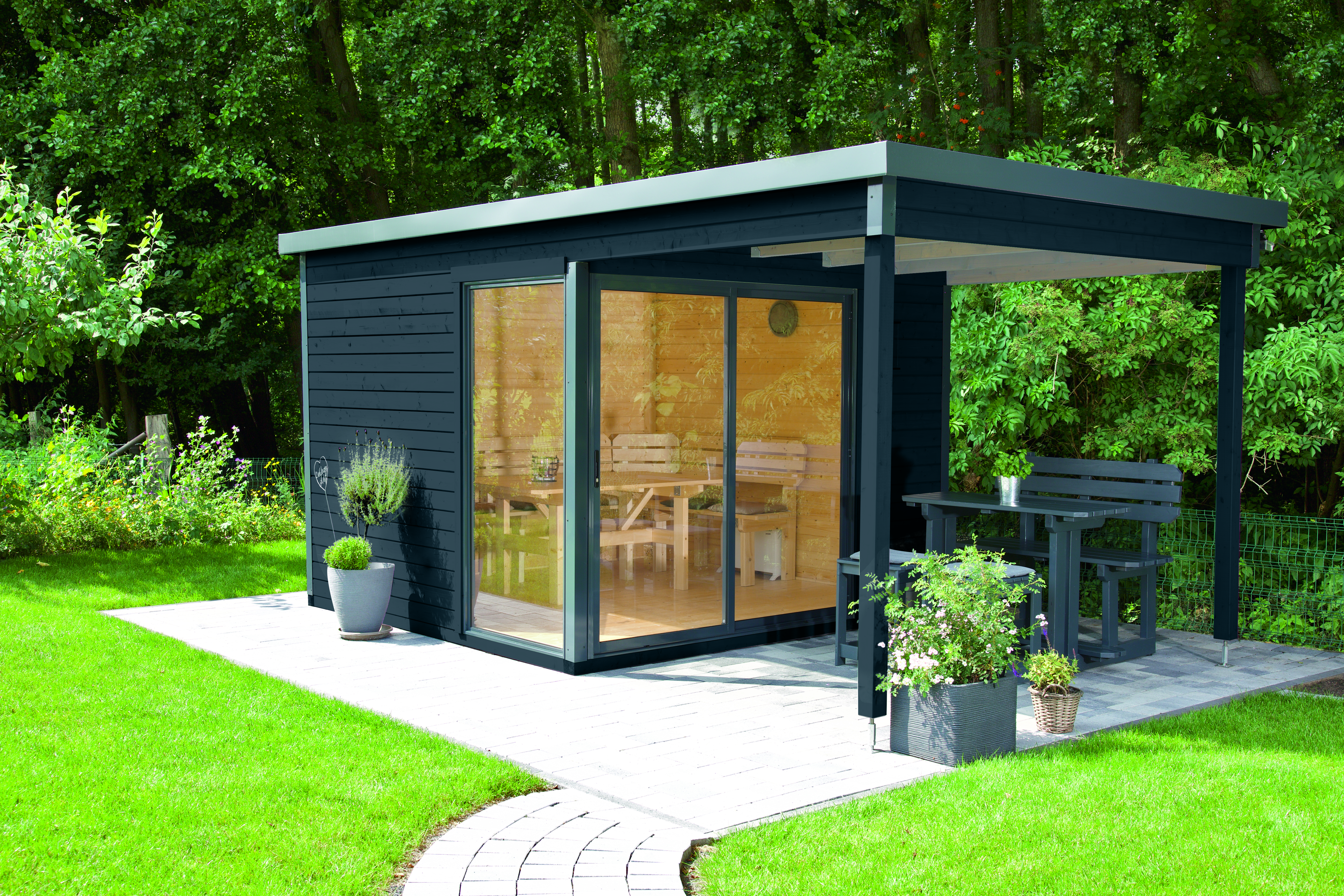 Wolff Finnhaus Gartenhaus Studio 44-B mit Alu-Eckverkleidung/Schiebetür und 200 cm Lounge Anbau (Starletta 5232)