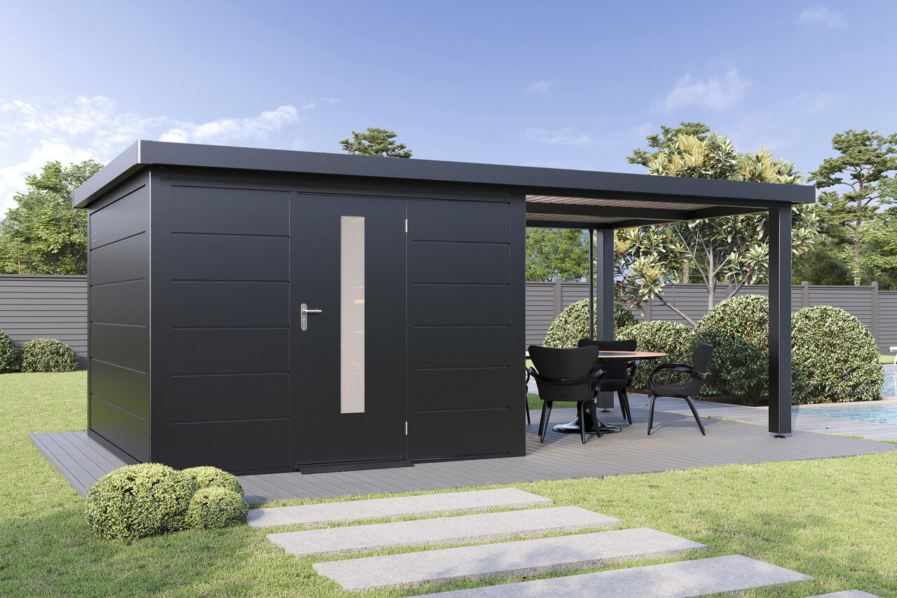 Wolff Finnhaus Premium Metall Gartenhaus Thorin 6030 Anthrazit inkl. 300 cm Anbaudach (Modell 2026)