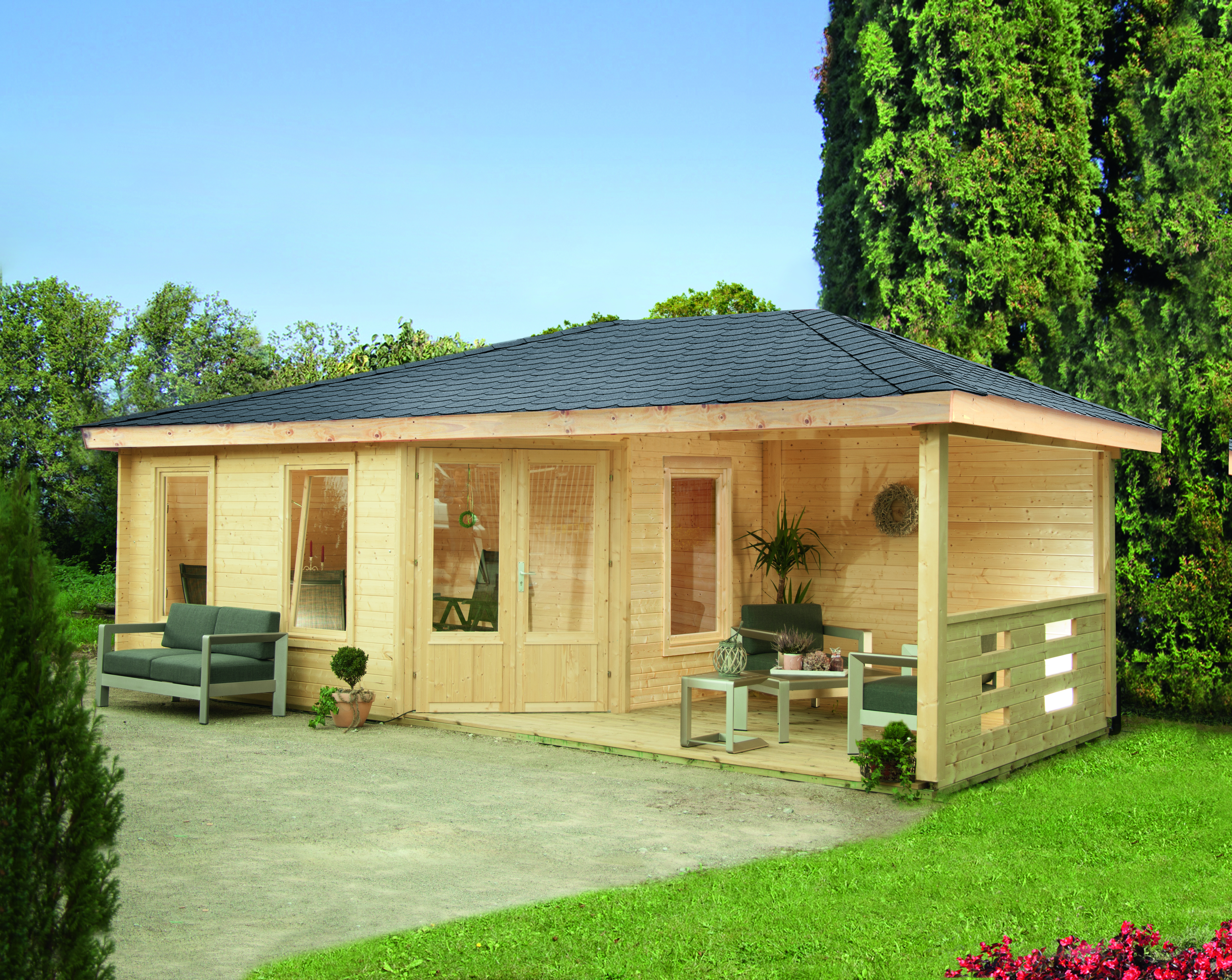 Wolff Finnhaus Gartenhaus Anna 40-A/1+2-Raum mit 250 cm Terrasse 