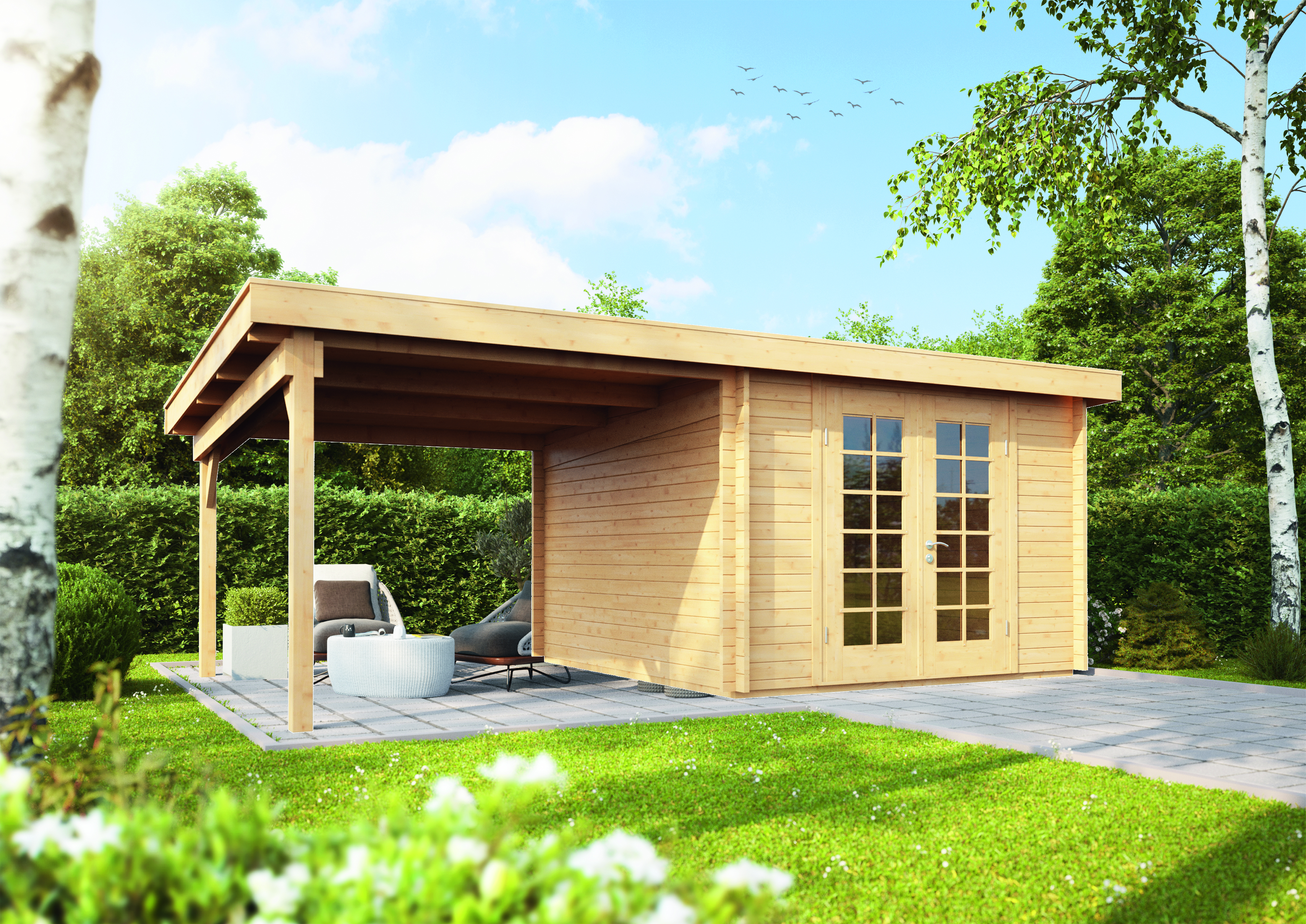 Wolff Finnhaus Gartenhaus Gerätehaus Pulti 34-B  Typ 3 mit 300 cm Seitendach C