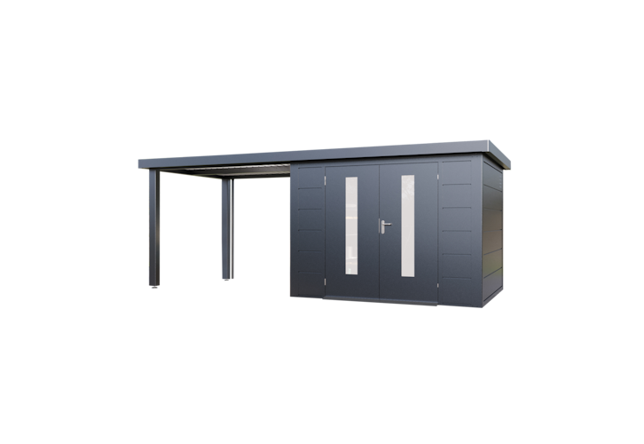 Wolff Finnhaus Premium Metall Gartenhaus Elvar 6024 Anthrazit inkl. 300 cm Anbaudach